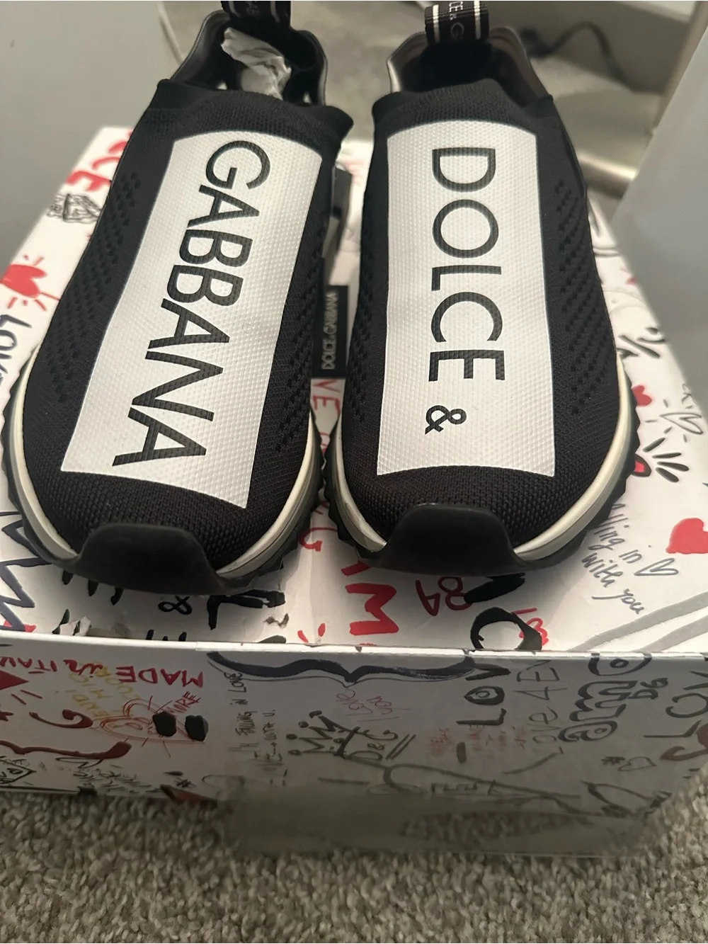 Dolce & Gabbana Black and White Kids Logo Slip-On Sneakers